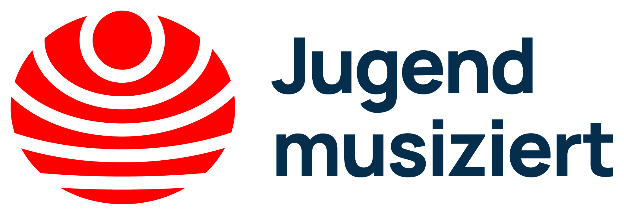 Links ist ein roter Kreis zu sehen, der von fünf weißen Bögen durchbrochen ist, recht steht in dunkelblauer Schrift: Jugend musiziert