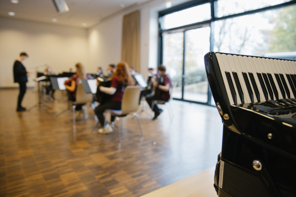 Nahaufnahme eines Akkordeons im Anschnitt am rechten Bildrand, im Hintergrund ist unscharf ein Akkordeon-Ensemble zu sehen.