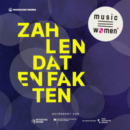 Auf lilafarbenem Grund steht in gelber Schrift: ZAHLEN DATEN FAKTEN. Rechts oben ist in einem grauen Kreis der Schriftzug "music HB women* abgebildet. Oben links sieht man Logo und Schriftzug von Musikszene Bremen. Unten sind die Förderer genannt.