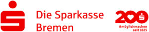 Links sieht man als Logo-Zeichen ein rotes S mit einem Punkt darüber, daneben steht in roter Schrift: Die Sparkasse Bremen. Rechts ist die Zahl 200 abgebildet, darunter steht: #möglichmachen seit 1825