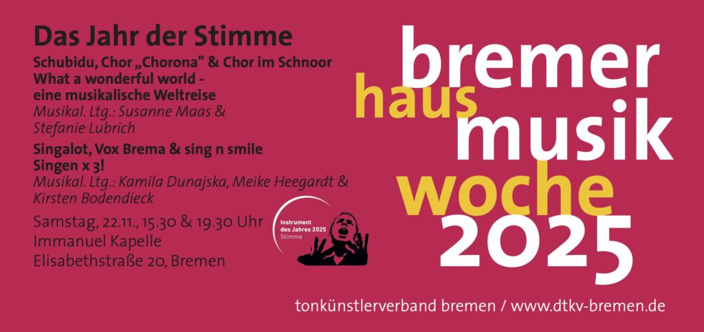 Rotes Plakat mit weißem und gelbem Text zur "Bremer Hausmusikwoche 2025" und Konzertdetails am 22.11. in Bremen.