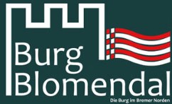 Grün-weiße Linienzeichnung einer stilisierten Burg mit dem Text 'Burg Blomendal' und rot-weißer Flagge rechts davon
