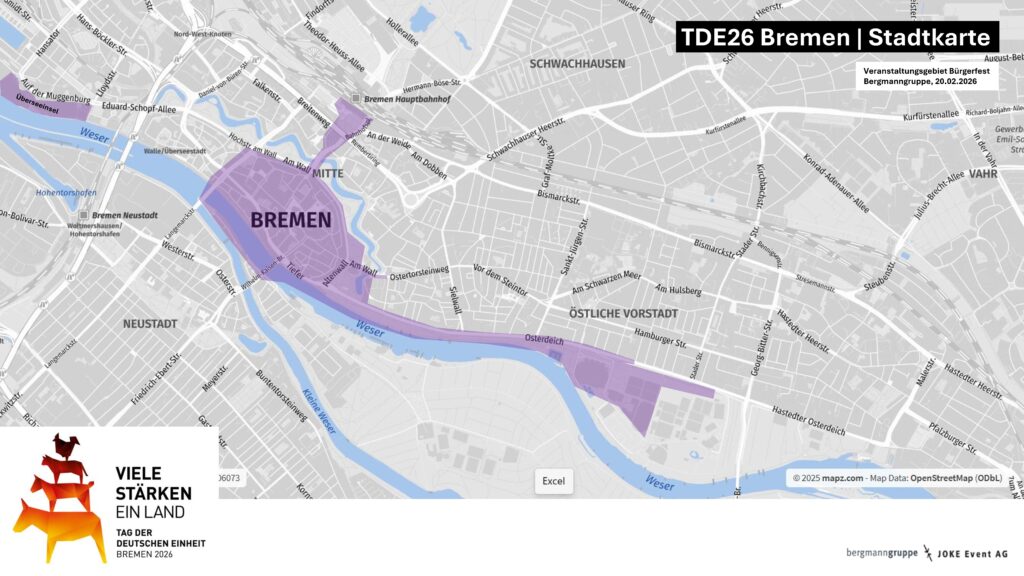 Stadtkarte mit violett hervorgehobenen Bereichen, die sich entlang der Weser durch das Zentrum von Bremen erstrecken. Im oberen rechten Bereich befindet sich ein schwarzes Feld mit weißer Schrift: 'TDE26 Bremen | Stadtkarte'. Unten links ist ein Logo mit stilisierten, übereinander gestapelten Figuren in Rot-, Gelb- und Brauntönen sowie der Schriftzug 'VIELE STÄRKEN EIN LAND' und weitere Textinformationen. Die Karte zeigt Straßennamen, Stadtteile und Flussverläufe. Die violette Markierung hebt Veranstaltungsorte oder relevante Bereiche hervor.
