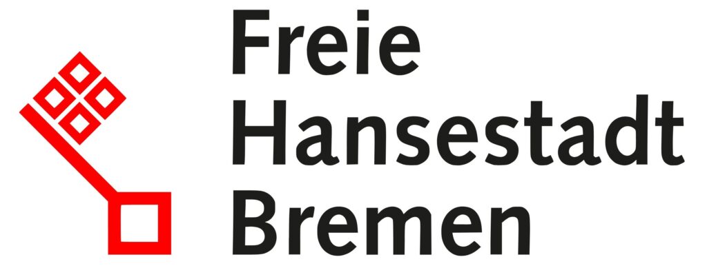 Rotes stilisiertes Schlüssel-Symbol links neben dem Text 'Freie Hansestadt Bremen' auf weißem Hintergrund