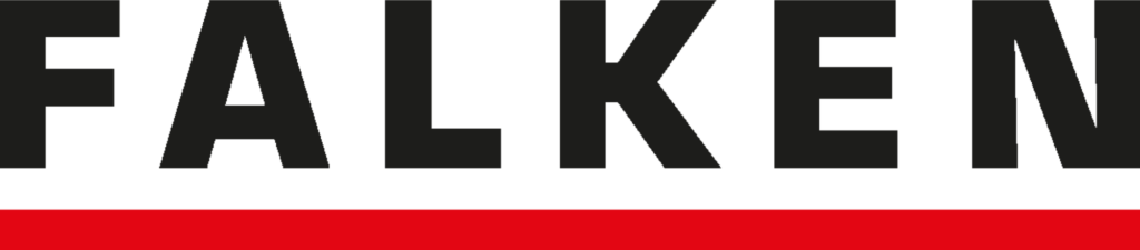 Schwarz-weiße Wortmarke FALKEN über rotem Balken