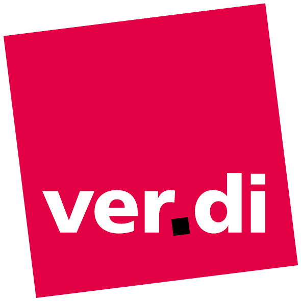 Rotes Quadrat mit dem weißen Schriftzug 'ver.di', wobei der Punkt zwischen 'ver' und 'di' schwarz ist